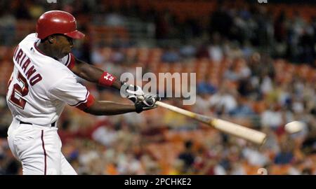 Washington Nationals' Alfonso Soriano hits a single against the Milwaukee  Brewers during the first inning of a baseball game Saturday, Sept. 16,  2006, in Washington. The Nationals won 8-5. (AP Photo/Nick Wass