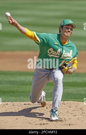 Shintaro Fujinami of the Oakland Athletics pitches in a baseball game  against the Los Angeles Angels at Oakland Coliseum in Oakland, California,  on April 1, 2023. (Kyodo)==Kyodo Photo via Credit: Newscom/Alamy Live