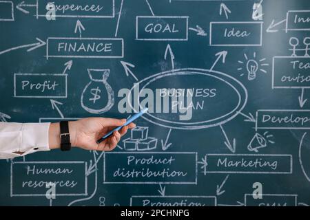 Business trainer with pen using interactive board, closeup Stock Photo