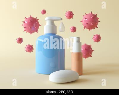 Hygiene concept. Hand washes gel. Disinfectant Covid. Liquid gel bottles with pump and soap. The virus cells floats in the air. Isolated on pastel lay Stock Photo