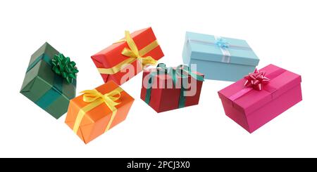 Beautifully wrapped gift boxes flying on white background Stock Photo