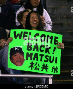 Hideki Matsui of the Los Angeles Angels bats against his former team, the  New York Yankees at Yankee Stadium in New York on Tuesday, July 20, 2010.  (Photo by John Dunn/Newsday/MCT/Sipa USA