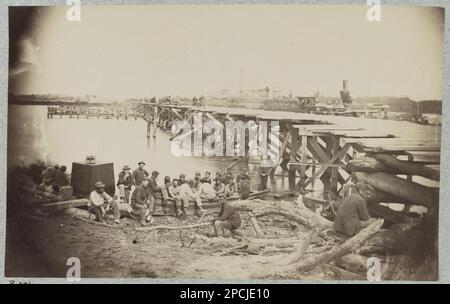 Temporary bridge across Pamunkey River near White House Landing. No. B394, Title from item, Gift; Col. Godwin Ordway; 1948. United States, History, Civil War, 1861-1865, United States, Virginia, Pamunkey River. Stock Photo