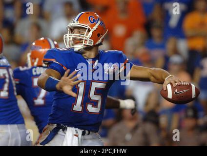 Florida's freshman quarterback Tim Tebow (15) goes back to throw a pass in  the second half of football play at Gainesville, Fla. Saturday, Sept. 9,  2006 as Florida faced Central Florida. Florida