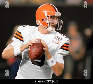 Cleveland Browns quarterback Charlie Frye (9) gets sacked for a