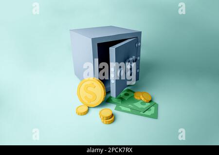 3D model of an open safe with dollar bills and coins made out of colored paper cut-out. Keep your money cash and savings secure Stock Photo