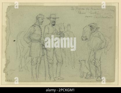 The Prince de Joinville sketching 'Paris' looking on, near Cumberland. Morgan collection of Civil War drawings. Joinville, Francois-Ferdinand-Philippe-Louis-Marie d'Orleans, prince de, 1818-1900, Military service, Paris, Louis-Philippe-Albert d'Orleans, comte de, 1838-1894, Military service, Military officers, Union, 1860-1870, African Americans, 1860-1870, Dogs, 1860-1870, Artists, 1860-1870, United States, History, Civil War, 1861-1865, Military life, Union. Stock Photo