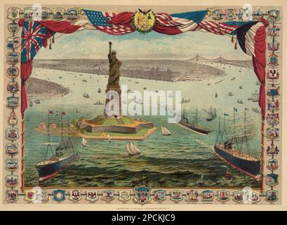 1884,  New York , USA  : The gift of France to the American people, the Bartholdi colossal statue, Liberty enlightening the world . Illustration lithography by R. Schwarz , printed by Shugg Lithographoid Printing Co.  The french architect and sculptor artist  FREDERIC AUGUSTE BARTHOLDI (Colmar, Alsace 1834 - 1904 ), author of Statue of Liberty on Bedloe's Island, New York Harbor . - ARCHITETTO - ARCHITETTURA - SCULTORE - SCULTURA - SCULPTURE - ARTS - ARTE  -  litografia - incisione - engraving - illustration - illustrazione - FOTO STORICHE - HISTORY  - STATUA DELLA Libertà - GEOGRAPHY - GEOGRA Stock Photo