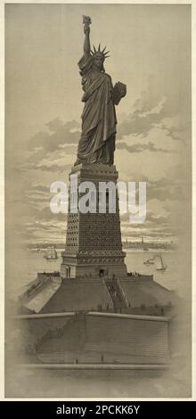 1884,  New York , USA  : The Bartholdi colossal Statue of Liberty . Illustration lithography printed by Root & Tinker.  .  The french architect and sculptor artist  FREDERIC AUGUSTE BARTHOLDI (Colmar, Alsace 1834 - 1904 ), author of Statue of Liberty on Bedloe's Island, New York Harbor . - ARCHITETTO - ARCHITETTURA - SCULTORE - SCULTURA - SCULPTURE - ARTS - ARTE  -  litografia - incisione - engraving - illustration - illustrazione - FOTO STORICHE - HISTORY  - STATUA DELLA Libertà - GEOGRAPHY - GEOGRAFIA  ----  Archivio GBB Stock Photo