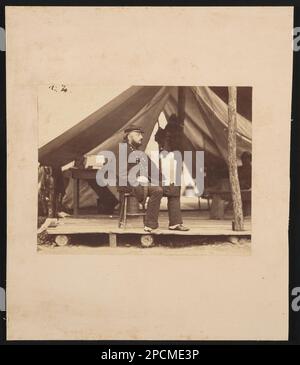 Major General Benjamin Franklin Butler of Department of Virginia, Army of the Gulf and Army of the James in uniform seated in front of tent. Liljenquist Family Collection of Civil War Photographs , pp/liljpaper. Butler, Benjamin F, (Benjamin Franklin), 1818-1893, United States, Army, People, 1860-1870, Soldiers, Union, 1860-1870, Military uniforms, Union, 1860-1870, United States, History, Civil War, 1861-1865, Military personnel, Union. Stock Photo