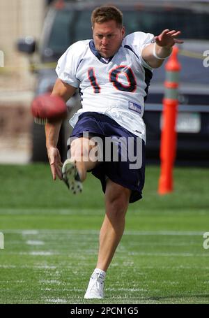 Denver Broncos punter Todd Sauerbrun punts during first practice session at  Broncos training camp in Englewood, Colorado July 28, 2006. Sauerbrun told  his teammates yesterday the NFL rejected his appeal on being