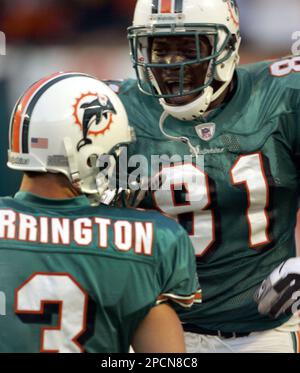 Pittsburgh Steelers Strong Safety Troy Polamalu (43) tackles Miami Dolphins  Tight End Randy McMichael (81) during a second quarter downpour on  September 26, 2004 at Pro Player Stadium in Miami, Fl. The