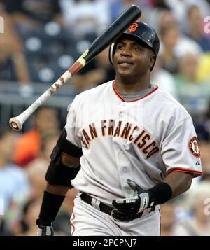 Pittsburgh Pirates Barry Bonds reacts in frustration after flying with a  man on out, against the Atlanta Braves in the fifth inning of Game 6 of the  National League playoffs, at Three