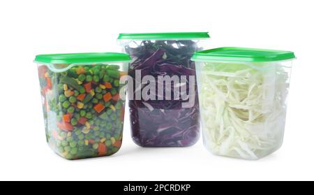 Fresh vegetables in plastic containers on white background Stock Photo