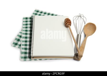 Blank recipe book, napkin and kitchen utensils on white background. Space for text Stock Photo