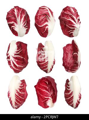 Set with fresh ripe radicchio leaves on white background Stock Photo
