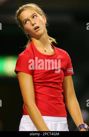 Nikola Hofmanova of Austria reacts after missing a shot against Japan's Akiko Morigami during their match in the Fed Cup Tennis World Group Play-offs in Tokyo Sunday, July 16, 2006. Nakamura won the match 6-2, 6-3. (AP Photo/Shizuo Kambayashi)