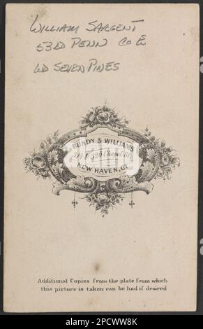 Private William Sergent of Co. E, 53rd Pennsylvania Infantry Regiment, in uniform, after the amputation of both arms / Bundy & Williams, 314 & 326 Chapel St., New Haven, Ct.. Liljenquist Family Collection of Civil War Photographs , pp/liljpaper. Sergent, William, 1844-1871, United States, Army, Pennsylvania Infantry Regiment, 53rd (1861-1865), People, Soldiers, Union, 1860-1870, Military uniforms, Union, 1860-1870, Amputees, 1860-1870, War casualties, 1860-1870, United States, History, Civil War, 1861-1865, Medical aspects, Union, United States, History, Civil War, 1861-1865, Military personne Stock Photo