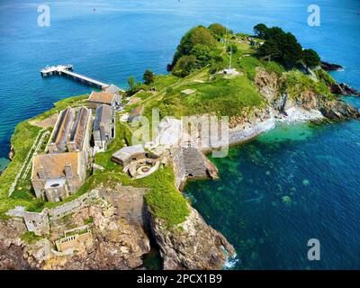 An Aerial view of Drake's Island in Plymouth UK, coastline and sea visible Stock Photo