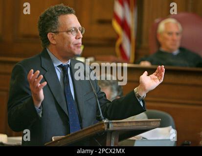 Defense attorney Robert L. Sheketoff delivers an opening statement ...