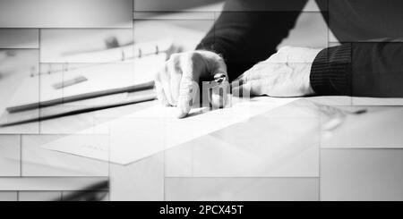 Senior businessman reviewing terms of contract at office, geometric pattern Stock Photo