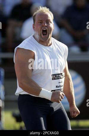 Adam Nelson of the United States reacts during the final of the Men's shot  put at the 10th World Athletics Championships in Helsinki, Saturday Aug. 6,  2005. (AP Photo/Martin Meissner Stock Photo 