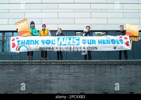 Slough, Berkshire, UK. 14th March, 2023. Junior Doctors picketing outside Wexham Park Hospital in Slough Berkshire on day two of the Junior Doctors 72 hour strike over pay, pensions and working conditions. Consultants and senior doctors are expected to provide cover but many planned hospital appointments are being cancelled across England. Credit: Maureen McLean/Alamy Live News Stock Photo