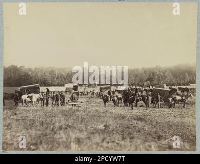 Ambulance train, 1st Division, 2d Army Corps.. No. B44, Title from item, Hand written on verso: 'Miller, vol. 7, pp. 298-9', Negative in National Archives Record Group 111: Records of the Office of the Chief Signal Officer, 1860-1985, Series: Mathew Brady Photographs of Civil War-Era Personalities and Scenes, 1921-1940, Item: Removing wounded, Gift; Col. Godwin Ordway; 1948. United States, History, Civil War, 1861-1865. Stock Photo