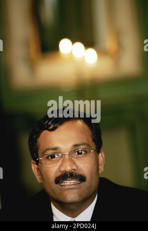 Sri Lankan leader of the political wing of the Liberation Tigers of Tamil  Eelam (LTTE), S. P. Thamilselvan speaks at press conference in Oslo late  Thursday June 8, 2006. Talks between Sri