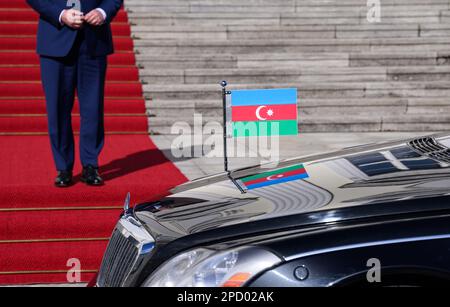 Berlin, Germany. 14th Mar, 2023. German President Frank-Walter Steinmeier (l) receives Ilham Aliyev, President of Azerbaijan, for talks at Bellevue Palace. Credit: Bernd von Jutrczenka/dpa/Alamy Live News Stock Photo