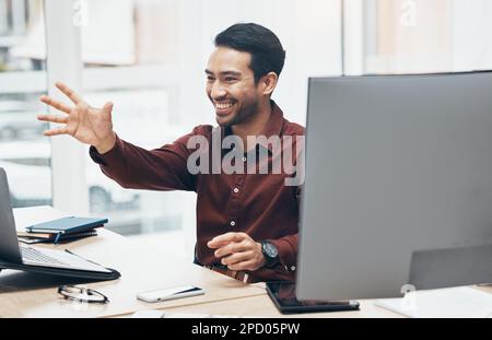 Invisible screen, hand and business man in office for hologram, virtual tech and ai interface. Network, 3d technology and happy male at desk on Stock Photo