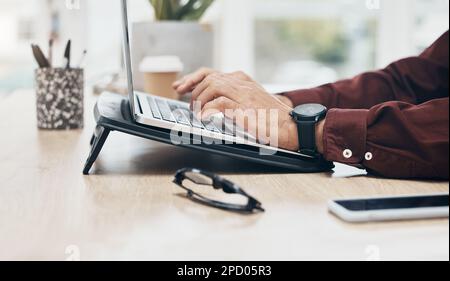 Business man, hands and typing on laptop, information technology and tech support and working in office. Keyboard, glitch or 404 with software update Stock Photo