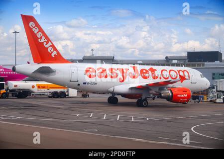 LUTON, UK - JULY 12, 2019: EasyJet Airbus A319 at London Luton Airport in the UK. It is UK's 5th busiest airport with 16.5 million annual passengers. Stock Photo