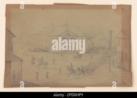 Court House in Corinth, Miss., 32nd Regiment I.V., entering Corinth. Forms part of the Adolph Metzner American Civil War Collection at the Library of Congress, Purchase; E. Burns Apfeld; 2014; (DLC/PP-2014:188), Blood shed in this war: Civil War illustrations by Captain Adolph Metzner, 32nd Indiana / Michael A. Peake. Indianapolis : Indiana Historical Society Press, 2010, p. 124. Courthouses, Mississippi, Corinth, 1860-1870, United States, History, Civil War, 1861-1865, Military personnel, Union, Mississippi, Corinth. Stock Photo