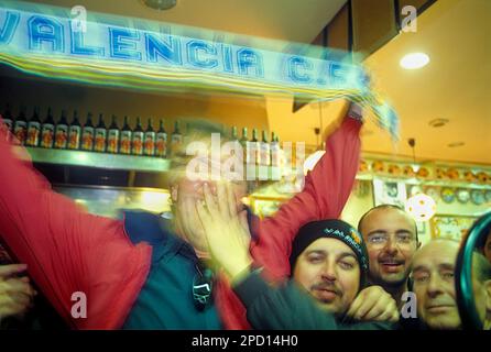 Fans of Valencia FC. In Bar of Manolo el del Bombo ( 5, Valencia FC square).In front of Valencia stadium. Valencia,spain Stock Photo