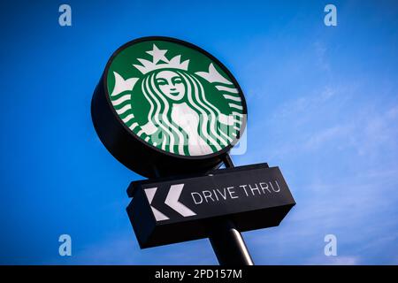 Starbucks Drive Thru coffee sign Stock Photo