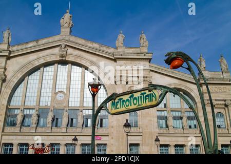 Art Noveau Cast Iron Metro Sign In Front Of The Gare Du Nord Railway Station, Paris France Stock Photo