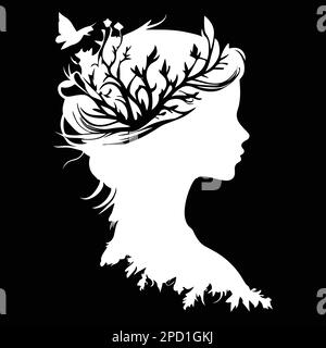 White Silhouette of woman face or head side view. Elegant female character with hairdo, royal person decal, clipart or wall sticker. Young queen, brid Stock Photo