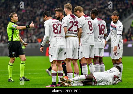 Milano, Italy. 13th Mar, 2023. The players of Salernitana form a wall during the Serie A match between AC Milan and Salernitana at San Siro in Milano. (Photo Credit: Gonzales Photo/Alamy Live News Stock Photo