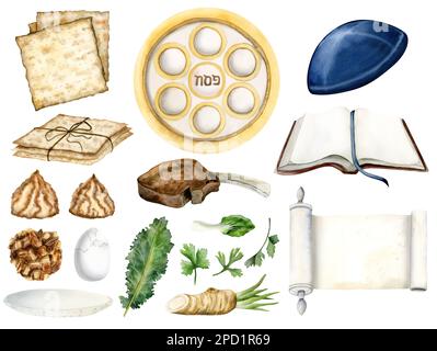 Passover elements set of watercolor illustrations. Jewish Pesach seder food. Haggadah scroll, Torah book, matzah isolated on white background Stock Photo