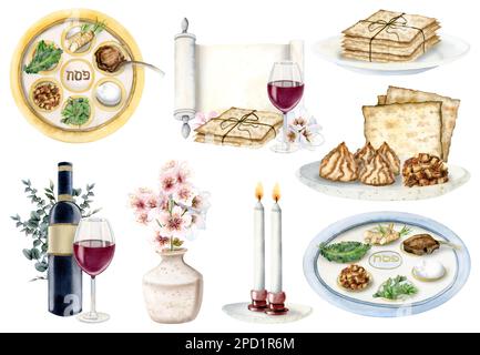 Passover design elements watercolor illustration set. Jewish Pesach food and seder decorations with matzah, Haggadat scroll, wine, eucalyptus, plates Stock Photo