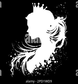 Silhouette of queen face or head side view, young woman bride or lady wear tiara or crown black vintage portrait. Elegant female character with hairdo Stock Photo
