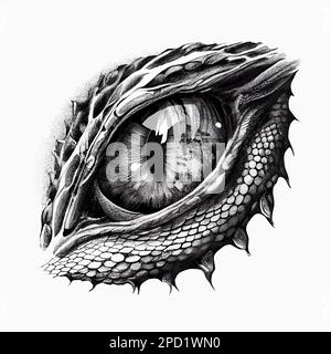 Dragon or dinosaur monster eye tattoo, sketch, tshirt print. Png monochrome reptile eyeball and spiky skin. Realistic sketch of black and white fantas Stock Photo