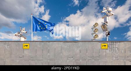 Conceptual image of an European border security wall with EU flag and surveillance camera's Stock Photo