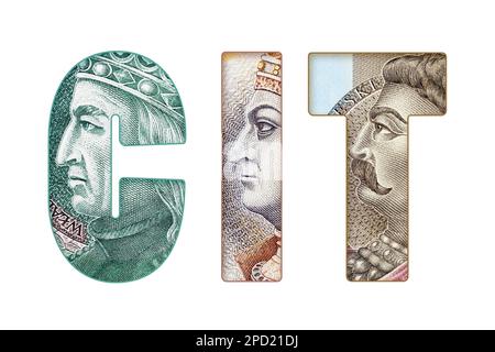 Inscription CIT (Corporate income tax) text made of Polish Banknotes on white background. Stock Photo