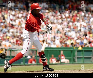 Washington Nationals' Alfonso Soriano hits a single against the Milwaukee  Brewers during the first inning of a baseball game Saturday, Sept. 16,  2006, in Washington. The Nationals won 8-5. (AP Photo/Nick Wass