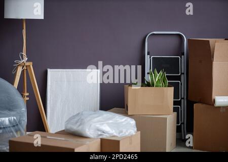 Things packing in cardboard boxes and containers for relocation Stock Photo