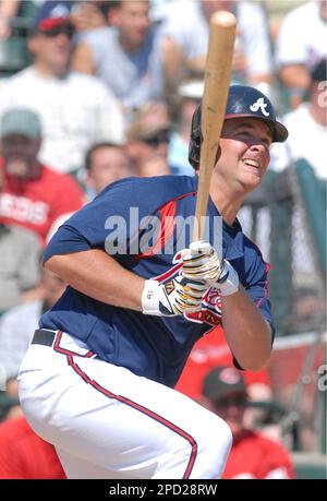 Atlanta Braves rookie Jeff Francoeur, right, celebrates with rookie catcher Brian  McCann after hitting a three-run homer off Chicago Cubs relief pitcher  Glendon Rusch in the eighth inning of the second game