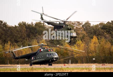 Polish Mil Mi-8T Hip transport helicopter taking off from De Peel Airbase during NATO exercise Falcon Autumn. De Peel, The Netherlands - November 3, 2 Stock Photo
