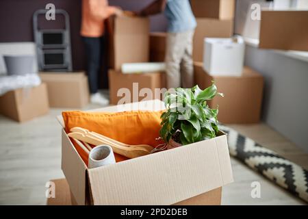 Close-up of domestic things packing in cardboard container for relocation Stock Photo